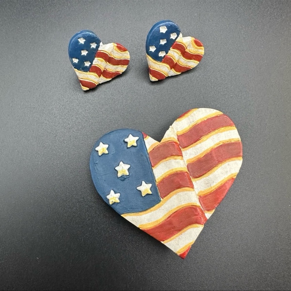 American Flag Heart Brooch and Earrings